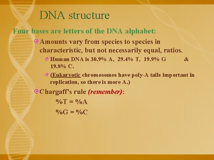 DNA structure Four bases are letters of the DNA alphabet: Amounts vary from species