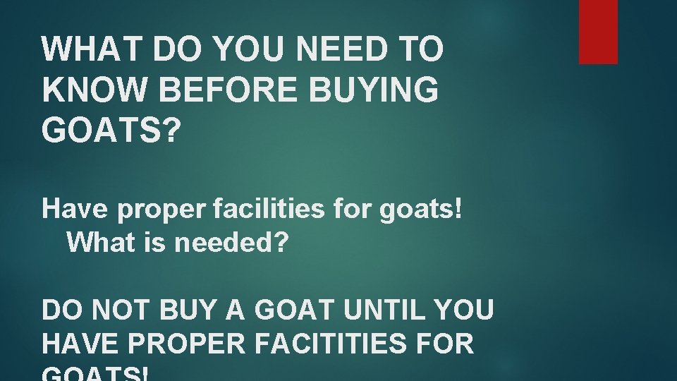 WHAT DO YOU NEED TO KNOW BEFORE BUYING GOATS? Have proper facilities for goats!