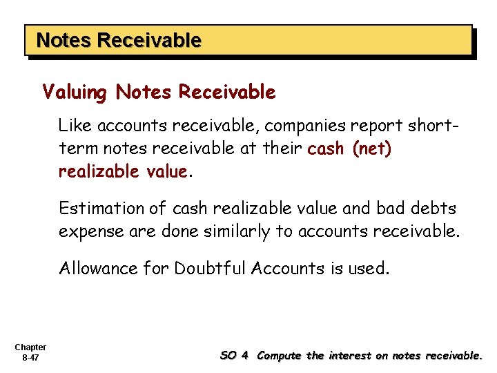 Notes Receivable Valuing Notes Receivable Like accounts receivable, companies report shortterm notes receivable at