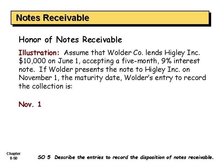Notes Receivable Honor of Notes Receivable Illustration: Assume that Wolder Co. lends Higley Inc.