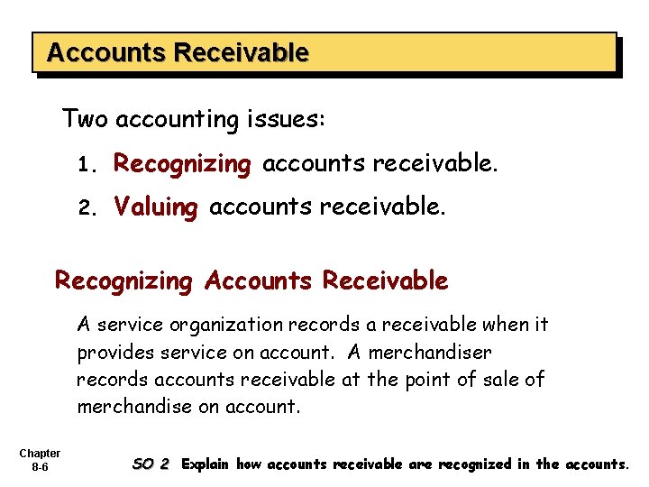 Accounts Receivable Two accounting issues: 1. Recognizing accounts receivable. 2. Valuing accounts receivable. Recognizing
