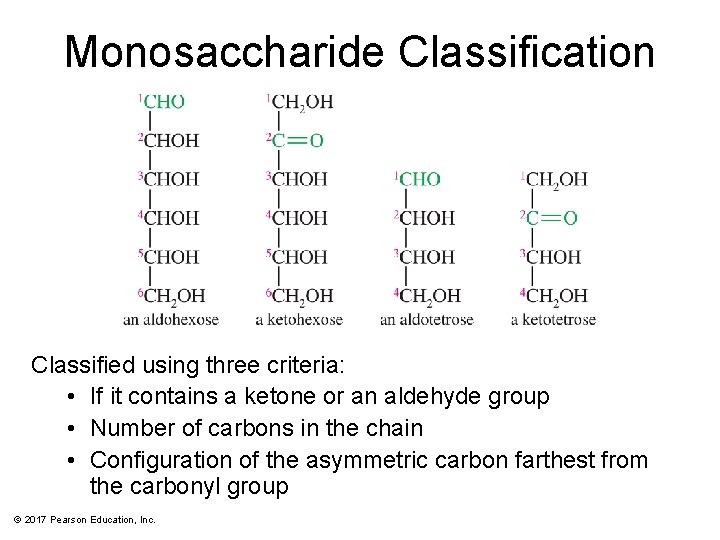 Monosaccharide Classification Classified using three criteria: • If it contains a ketone or an