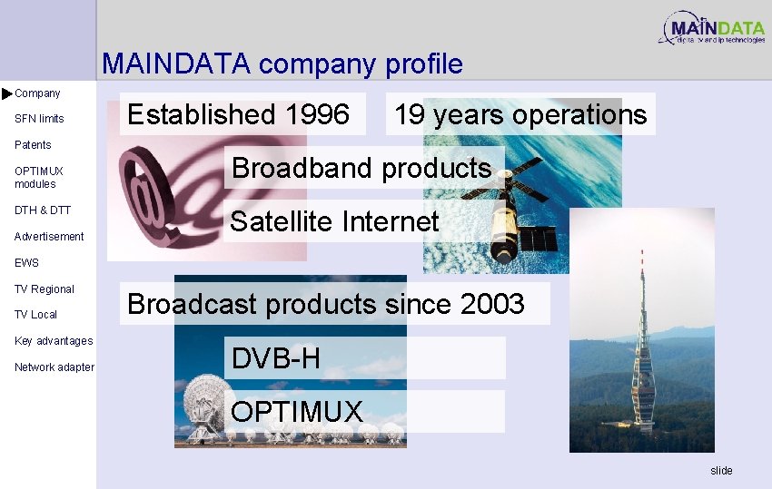 MAINDATA company profile Company SFN limits Established 1996 19 years operations Patents OPTIMUX modules