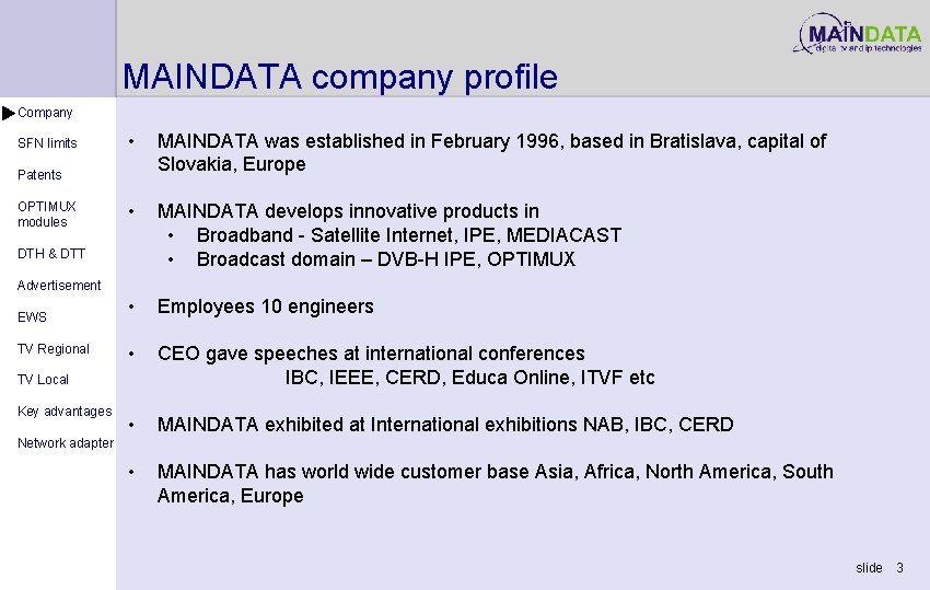 MAINDATA company profile Company SFN limits • MAINDATA was established in February 1996, based