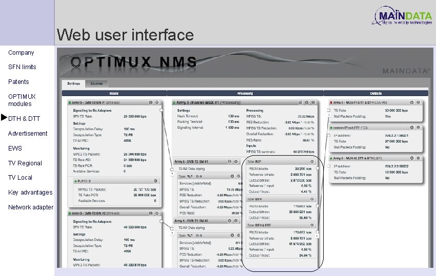 Web user interface Company SFN limits Patents OPTIMUX modules DTH & DTT Advertisement EWS