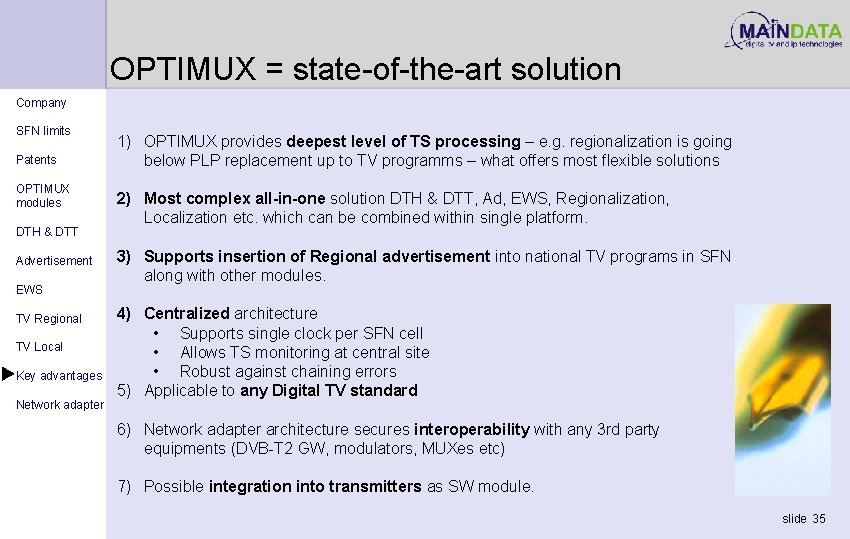 OPTIMUX = state-of-the-art solution Company SFN limits Patents OPTIMUX modules DTH & DTT Advertisement