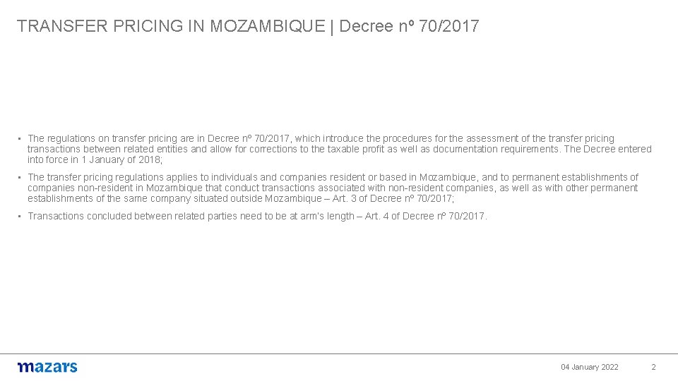 TRANSFER PRICING IN MOZAMBIQUE | Decree nº 70/2017 • The regulations on transfer pricing