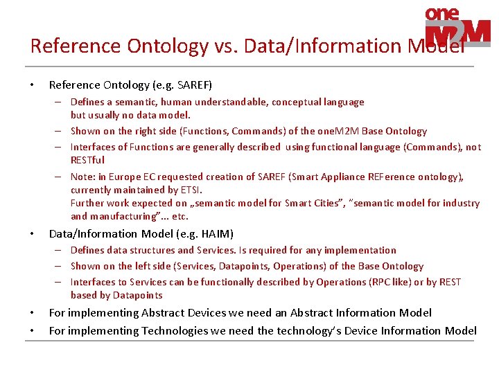 Reference Ontology vs. Data/Information Model • Reference Ontology (e. g. SAREF) – Defines a