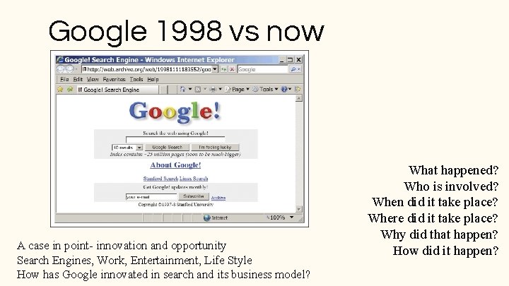 Google 1998 vs now A case in point- innovation and opportunity Search Engines, Work, Google 1998 vs now A case in point- innovation and opportunity Search Engines, Work,