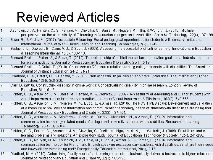 Reviewed Articles 1. 2. 3. 4. 5. 6. 7. 8. 9. 10. 11. 12.