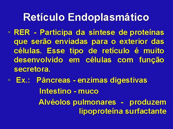 Retículo Endoplasmático § RER - Participa da síntese de proteínas que serão enviadas para