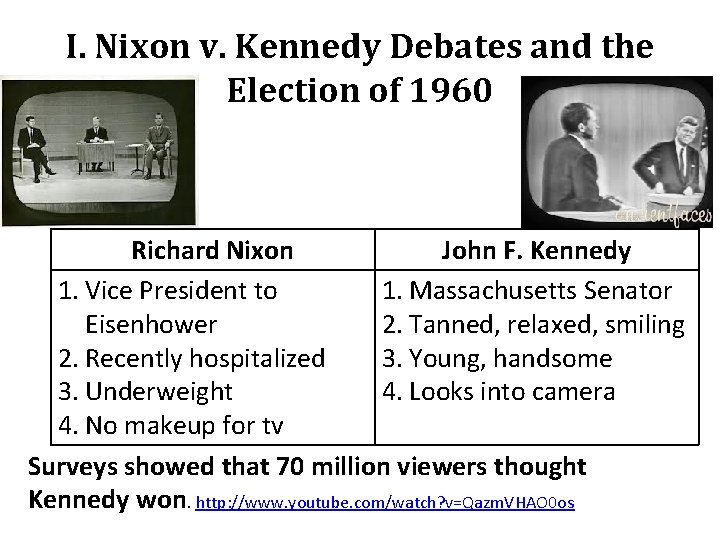 I. Nixon v. Kennedy Debates and the Election of 1960 Richard Nixon John F.