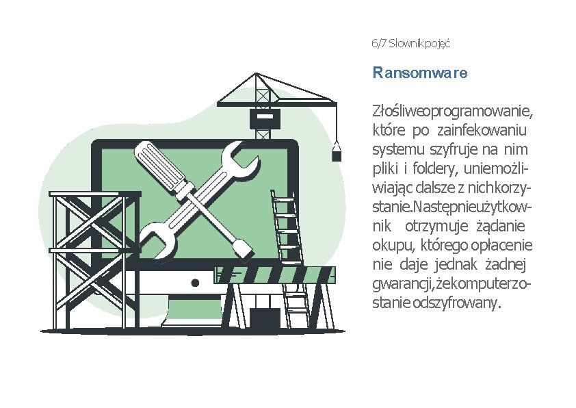 6/7 Słownik pojęć Ransomware Złośliweoprogramowanie, które po zainfekowaniu systemu szyfruje na nim pliki i