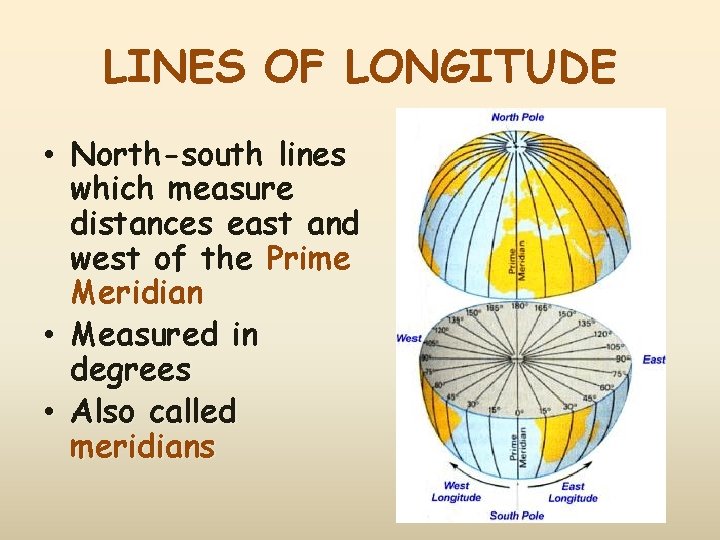 LINES OF LONGITUDE • North-south lines which measure distances east and west of the