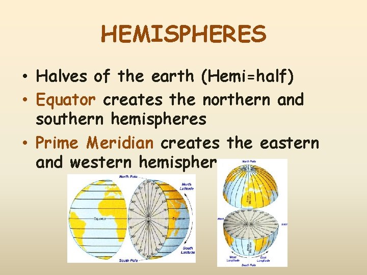 HEMISPHERES • Halves of the earth (Hemi=half) • Equator creates the northern and southern