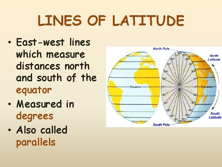 LINES OF LATITUDE • East-west lines which measure distances north and south of the