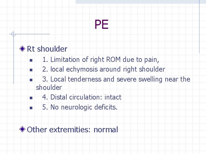PE Rt shoulder n n n 1. Limitation of right ROM due to pain,