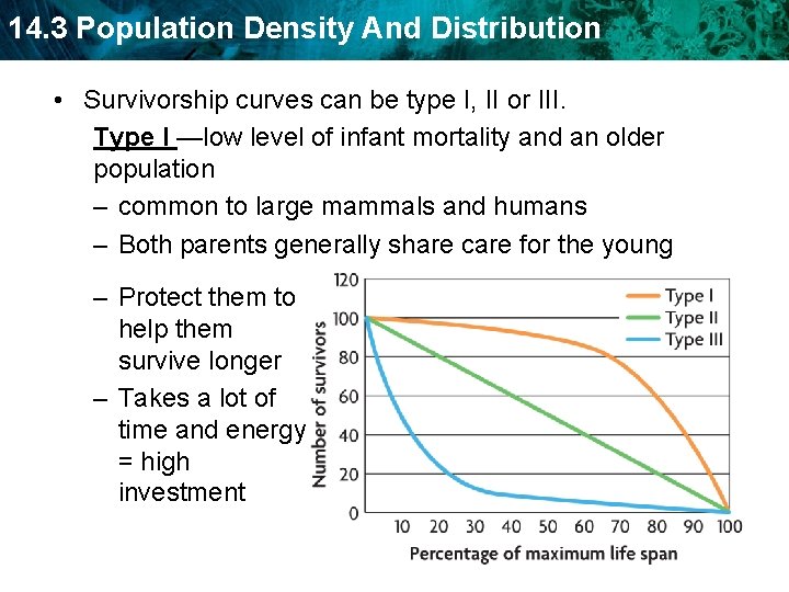 14. 3 Population Density And Distribution • Survivorship curves can be type I, II 14. 3 Population Density And Distribution • Survivorship curves can be type I, II