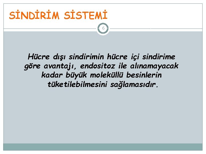 SİNDİRİM SİSTEMİ 6 Hücre dışı sindirimin hücre içi sindirime göre avantajı, endositoz ile alınamayacak