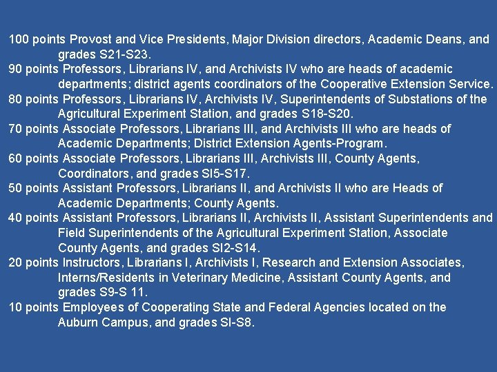 100 points Provost and Vice Presidents, Major Division directors, Academic Deans, and grades S