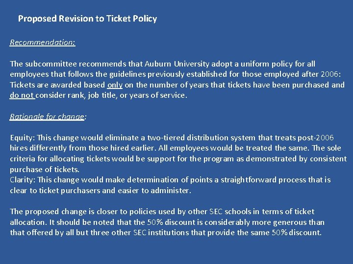 Proposed Revision to Ticket Policy Recommendation: The subcommittee recommends that Auburn University adopt a