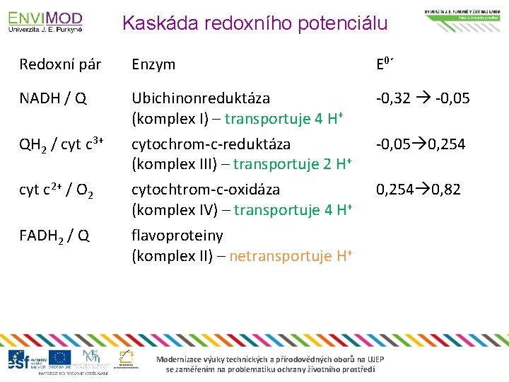 Kaskáda redoxního potenciálu Redoxní pár Enzym E 0 ´ NADH / Q Ubichinonreduktáza (komplex