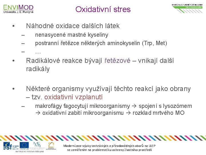 Oxidativní stres • Náhodné oxidace dalších látek – – – nenasycené mastné kyseliny postranní