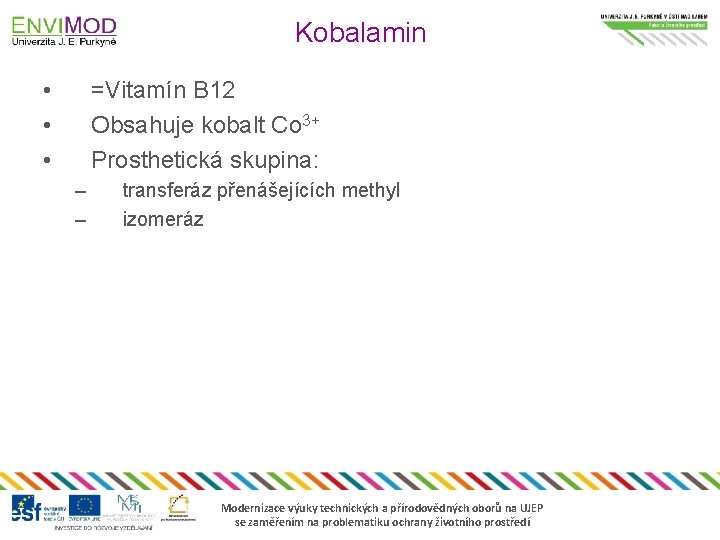 Kobalamin • • • =Vitamín B 12 Obsahuje kobalt Co 3+ Prosthetická skupina: –