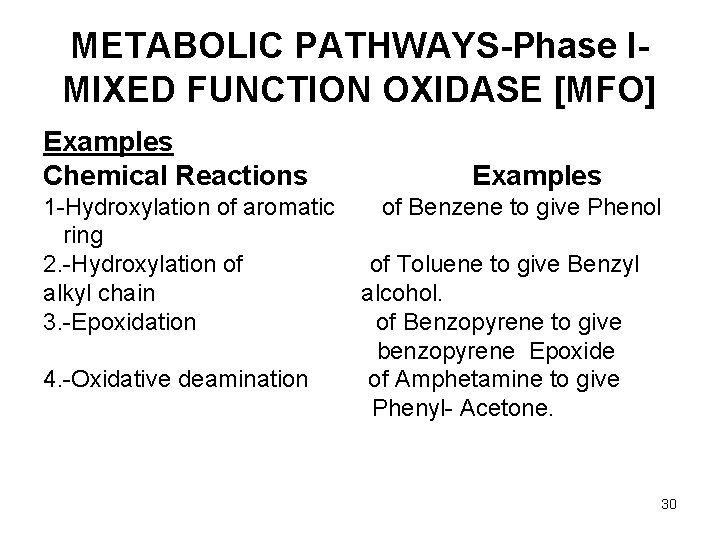 METABOLIC PATHWAYS-Phase IMIXED FUNCTION OXIDASE [MFO] Examples Chemical Reactions 1 -Hydroxylation of aromatic ring