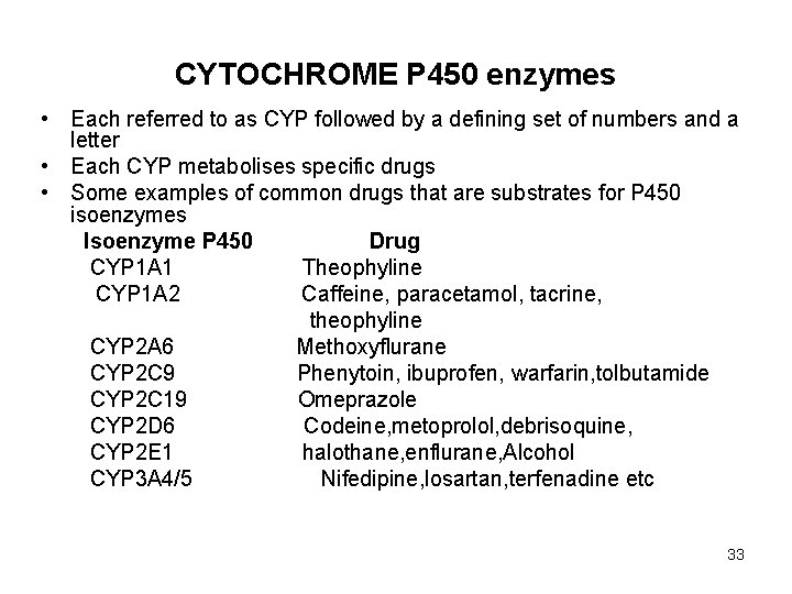 CYTOCHROME P 450 enzymes • Each referred to as CYP followed by a defining