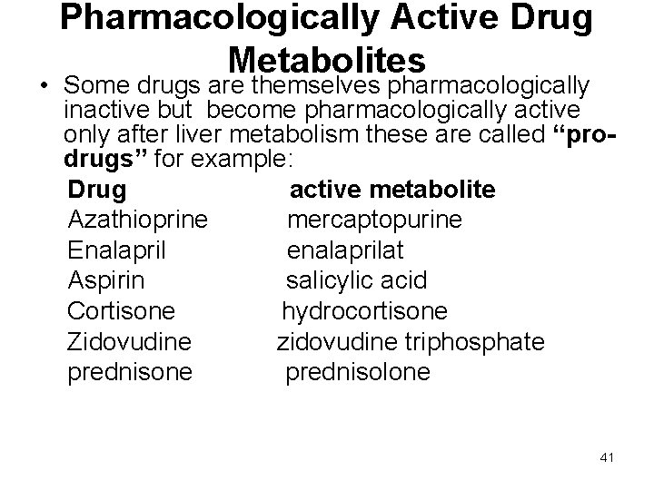 Pharmacologically Active Drug Metabolites • Some drugs are themselves pharmacologically inactive but become pharmacologically