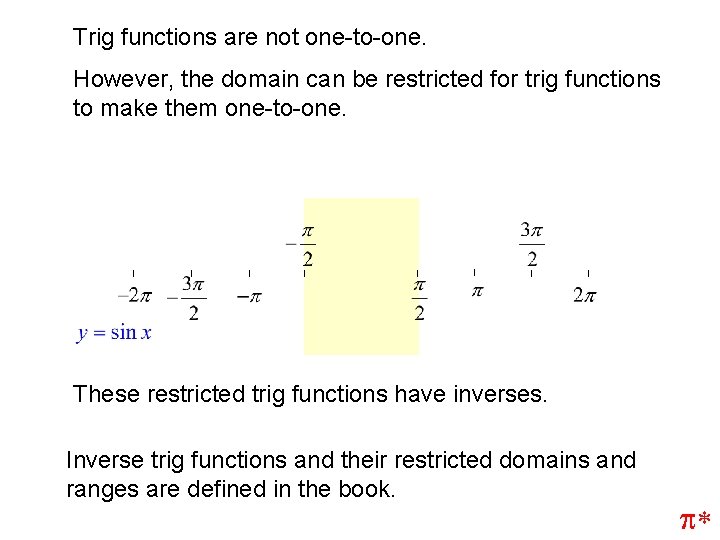 Trig functions are not one-to-one. However, the domain can be restricted for trig functions