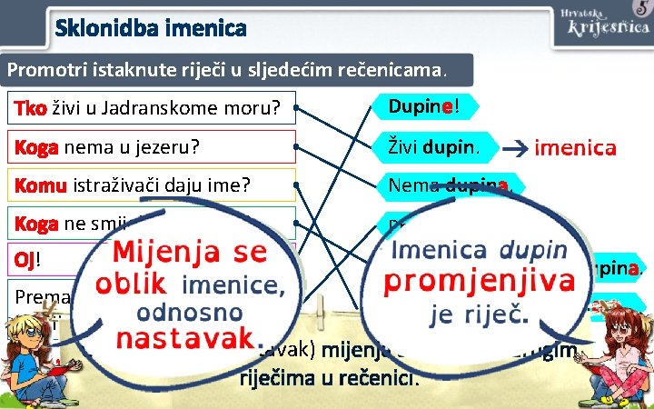 Sklonidba imenica Promotri istaknute riječi u sljedećim rečenicama. Tko živi u Jadranskome moru? Dupine!