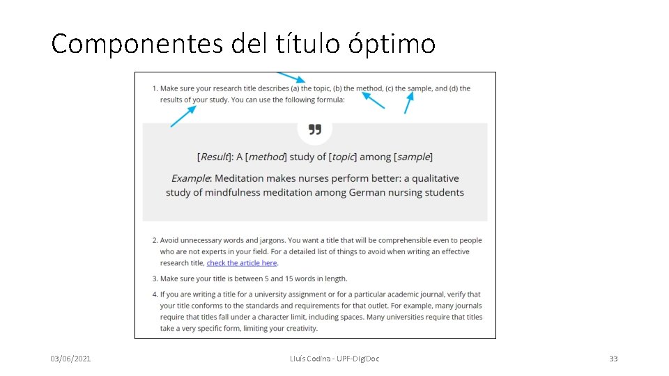 Componentes del título óptimo 03/06/2021 Lluís Codina - UPF-Digi. Doc 33 