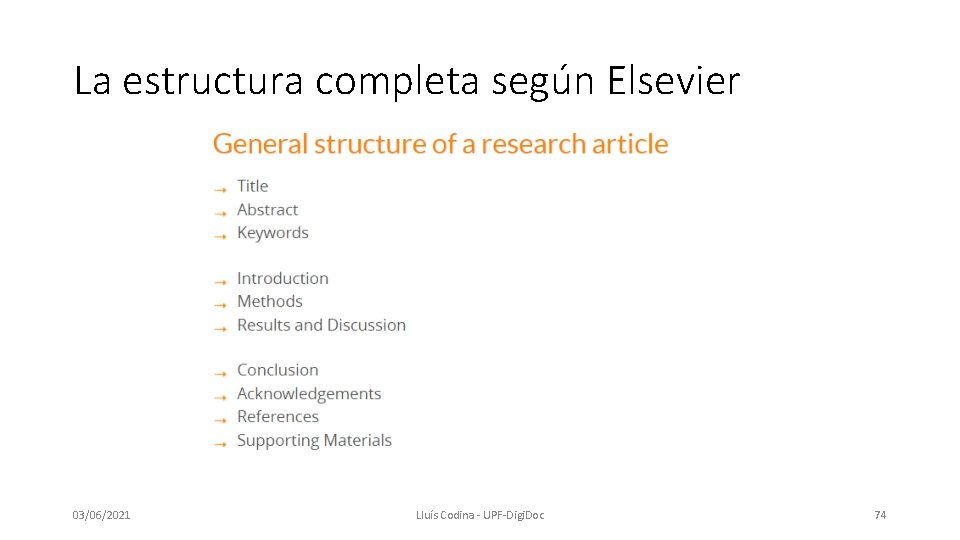 La estructura completa según Elsevier 03/06/2021 Lluís Codina - UPF-Digi. Doc 74 