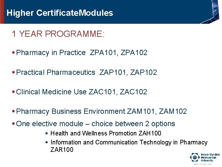 Higher Certificate. Modules 1 YEAR PROGRAMME: § Pharmacy in Practice ZPA 101, ZPA 102