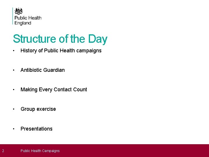 Structure of the Day 2 • History of Public Health campaigns • Antibiotic Guardian