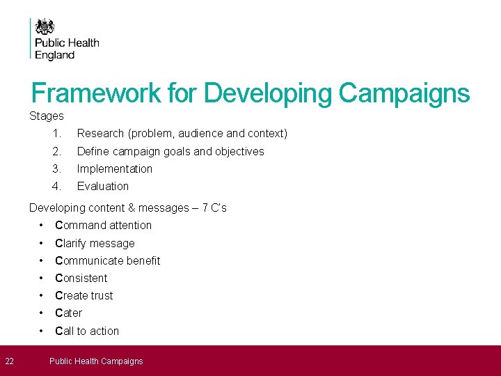 Framework for Developing Campaigns Stages 1. Research (problem, audience and context) 2. Define campaign