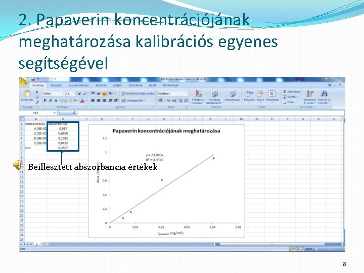 2. Papaverin koncentrációjának meghatározása kalibrációs egyenes segítségével Beillesztett abszorbancia értékek 8 