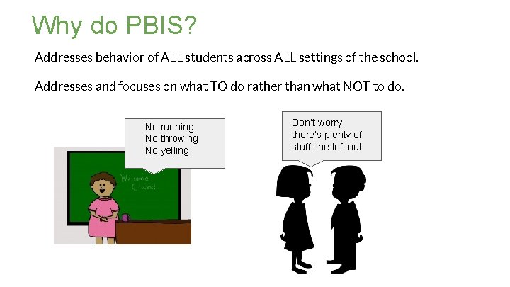 Why do PBIS? Addresses behavior of ALL students across ALL settings of the school.