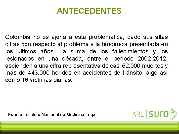 ANTECEDENTES Colombia no es ajena a esta problemática, dado sus altas cifras con respecto