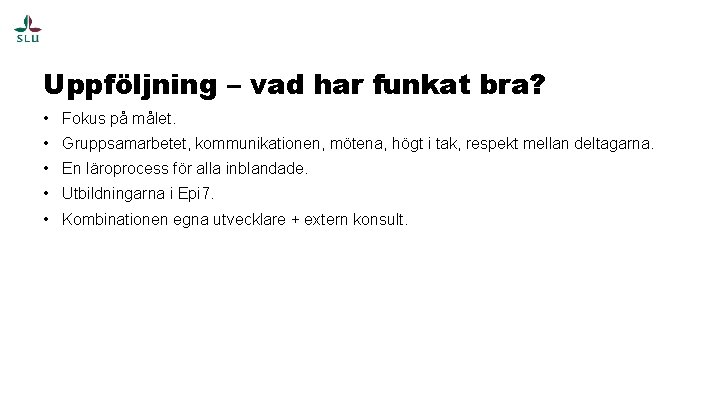 Uppföljning – vad har funkat bra? • Fokus på målet. • Gruppsamarbetet, kommunikationen, mötena,