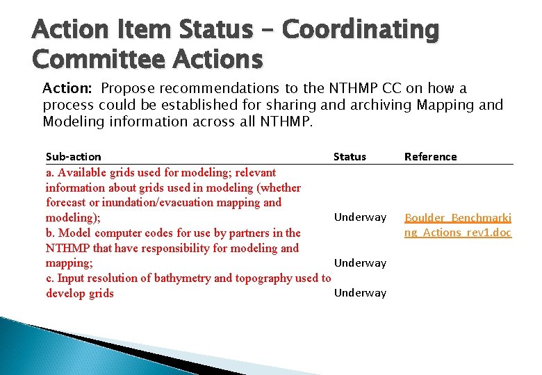 Action Item Status – Coordinating Committee Actions Action: Propose recommendations to the NTHMP CC