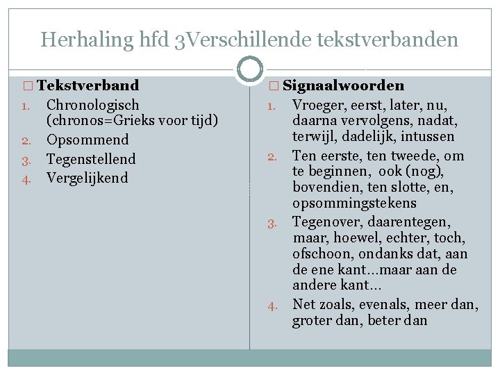 Herhaling hfd 3 Verschillende tekstverbanden � Tekstverband � Signaalwoorden Chronologisch (chronos=Grieks voor tijd) 2. Herhaling hfd 3 Verschillende tekstverbanden � Tekstverband � Signaalwoorden Chronologisch (chronos=Grieks voor tijd) 2.
