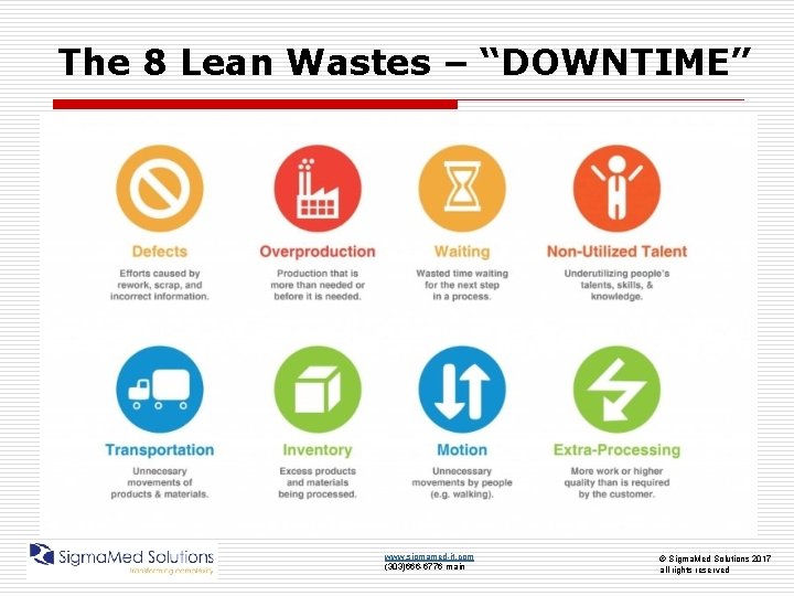 The 8 Lean Wastes – “DOWNTIME” www. sigmamed-it. com (303)666 -6776 main © Sigma.