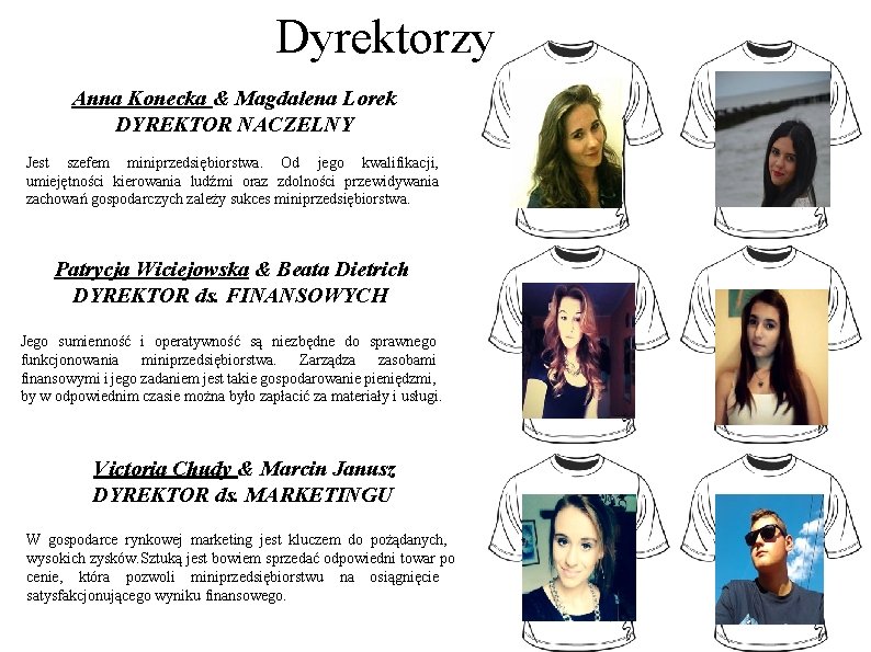 Dyrektorzy Anna Konecka & Magdalena Lorek DYREKTOR NACZELNY Jest szefem miniprzedsiębiorstwa. Od jego kwalifikacji,