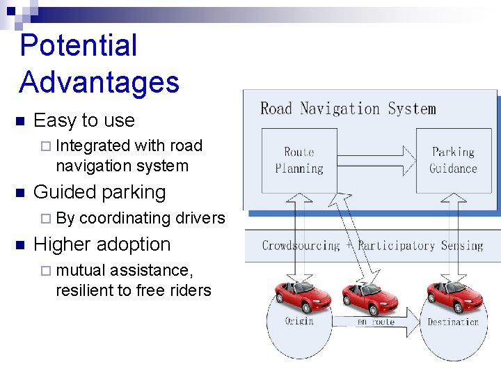 Potential Advantages n Easy to use ¨ Integrated with road navigation system n Guided