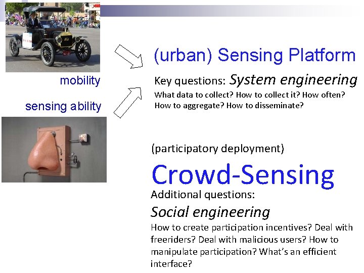 (urban) Sensing Platform mobility sensing ability Key questions: System engineering What data to collect?