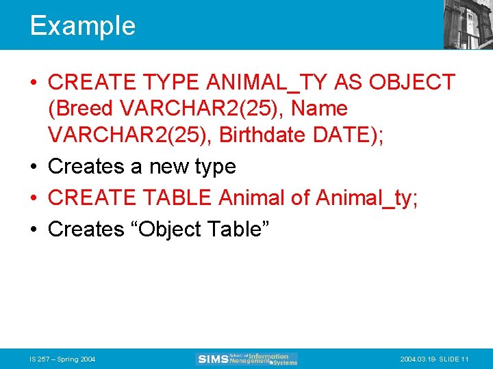 Example • CREATE TYPE ANIMAL_TY AS OBJECT (Breed VARCHAR 2(25), Name VARCHAR 2(25), Birthdate