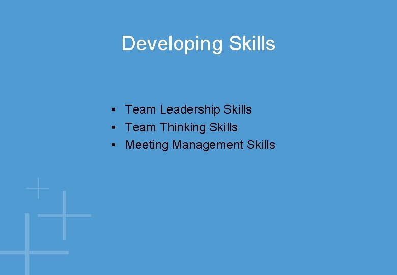 Developing Skills • Team Leadership Skills • Team Thinking Skills • Meeting Management Skills